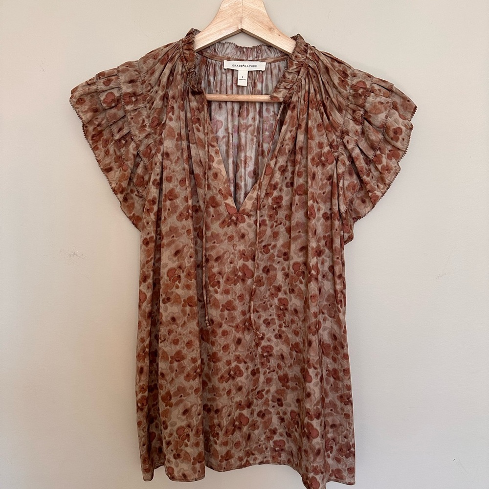 Cream and Brown Puff Sleeve Ruched Blouse